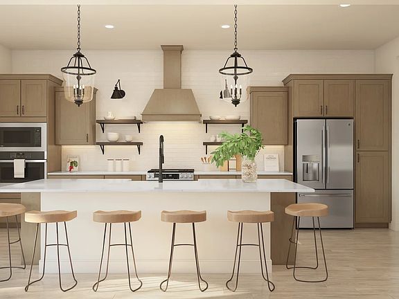 Kitchen with floating shelves and pendant lighting