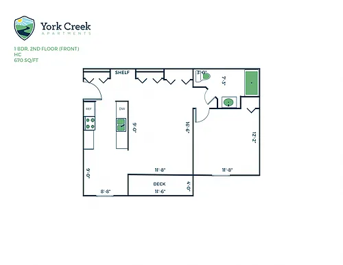 Floor plan 1 Bed, 1 Bath - 670 sq ft