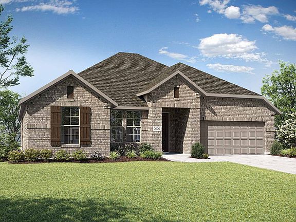 Elevation B is a single story full brick traditional home design with shutters on the front window.