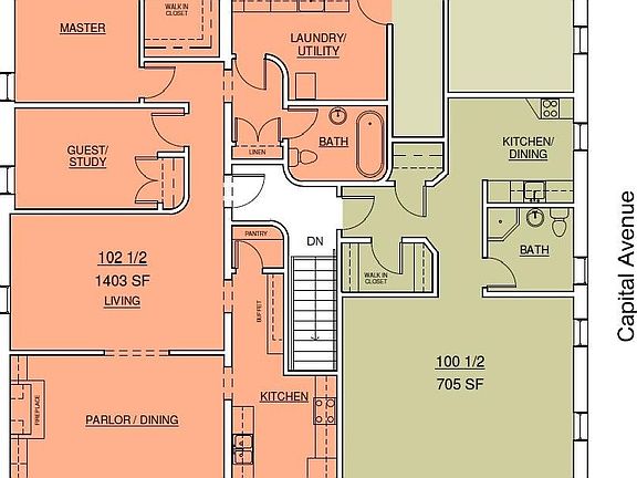 Floor Plans for 102 1/2 (salmon color) and 100 1/2
