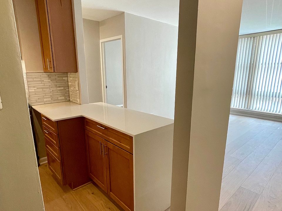 Broad view of kitchen entry and living area. Wide plank hardwood floors.