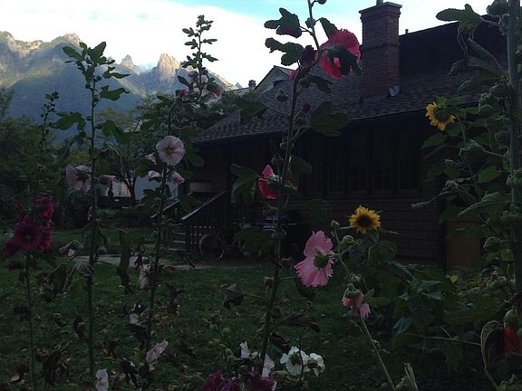 Late summer flower garden, and back of house