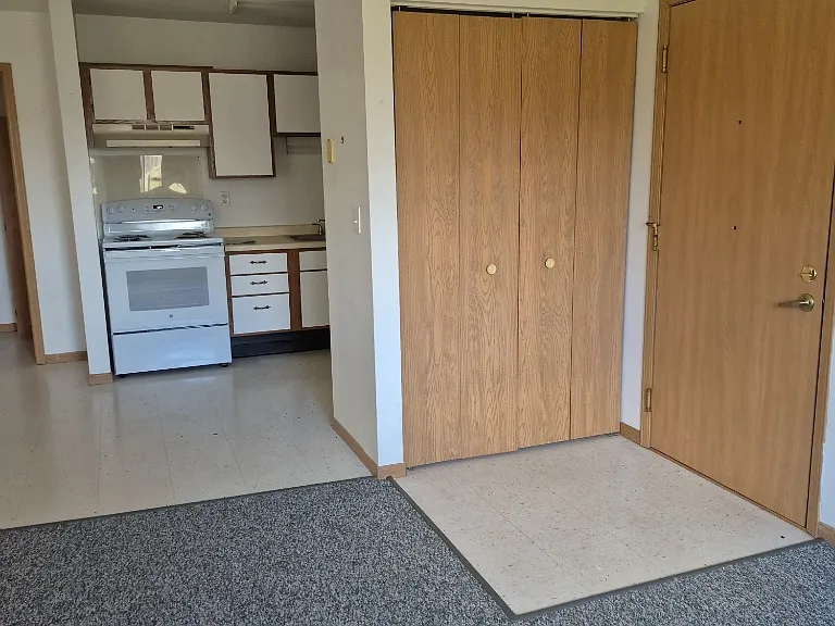 Looking into kitchen from living room. Entry and closet are to the right