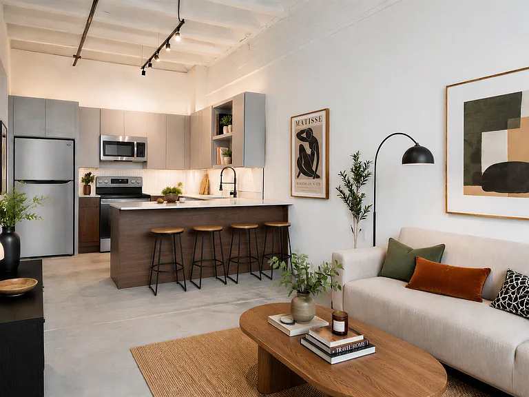 Modern Living Room and Kitchen at Cole Motor Apartments in Indianapolis