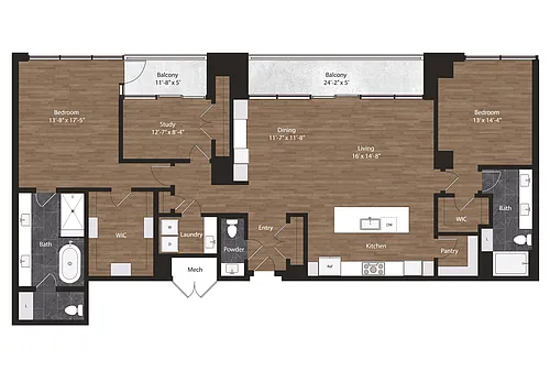 Floor plan 2 Bedrooms Plus Den, 2.5 Bath
