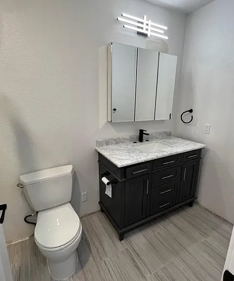 Spacious bathroom with large Vanity and mirrored medicine cabinet