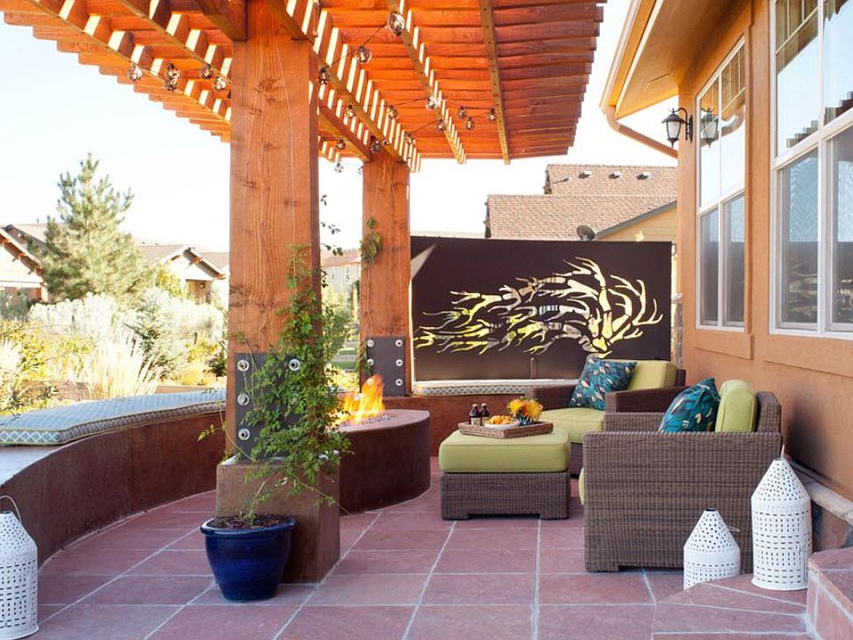 Back patio with gas fireplace.  