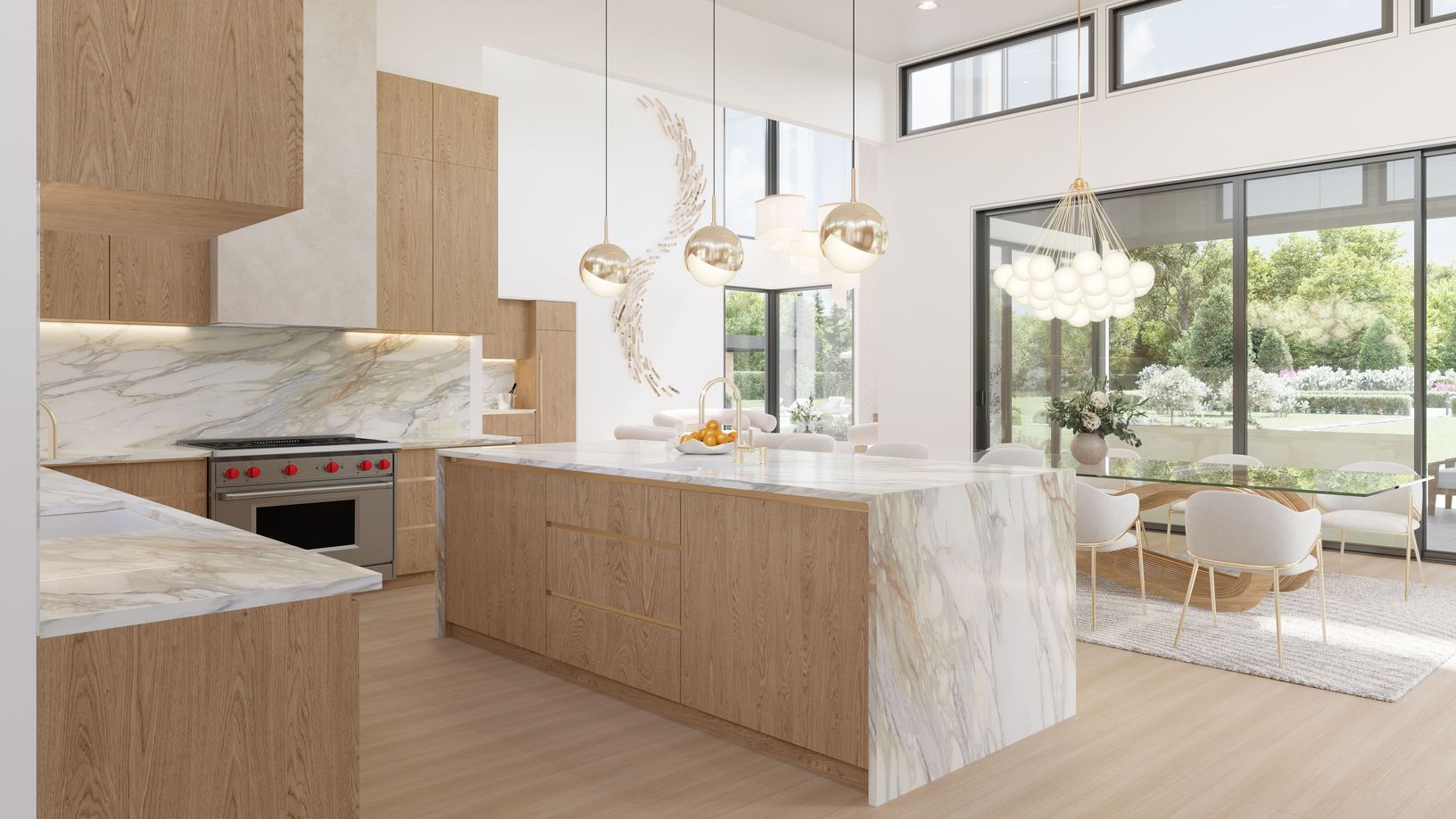 The chef’s kitchen features full-height millwork, professional-grade appliances.