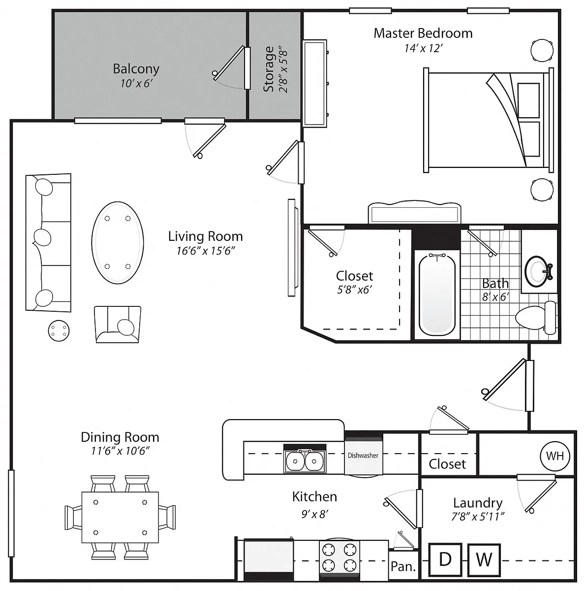 Floor plan One Bedroom One Bathroom 60%