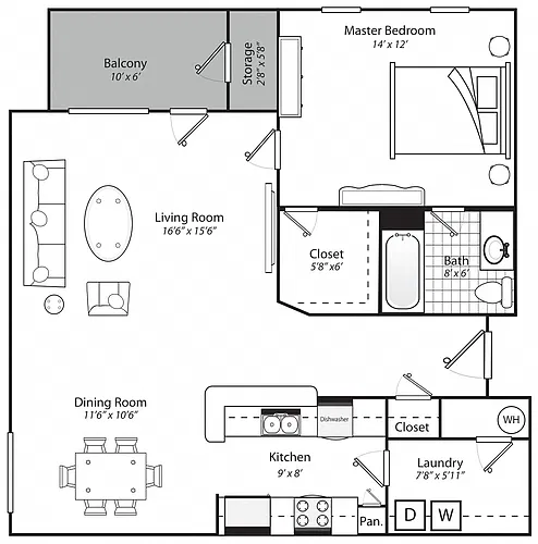 Floor plan One Bedroom One Bathroom 60%