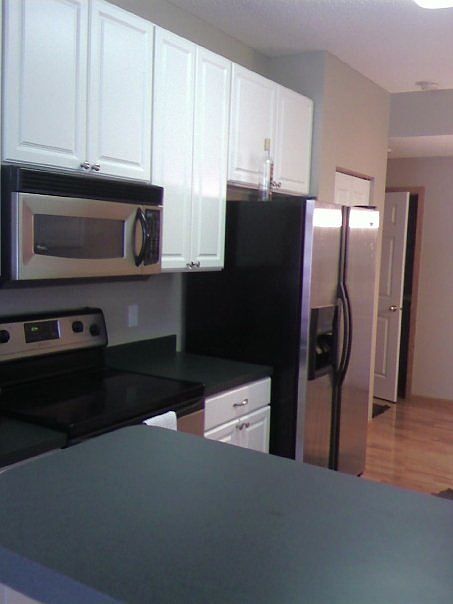 Kitchen has hardwood floors and white extra-tall cabinets.
