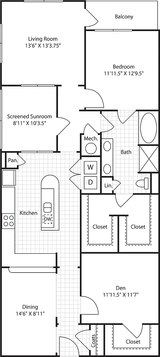 Floor plan 1 Bedroom F with Den