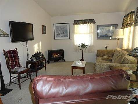 Family room with free standing gas heater.