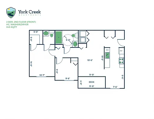 Floor plan 2 Bed, 1.5 Bath - 844 sq ft