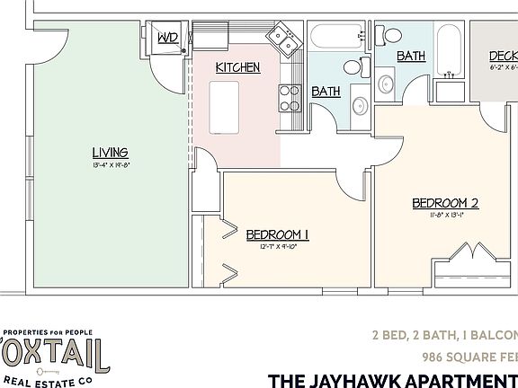 2-Bedroom, 2-Bathroom, Single Balcony Floor Plan.