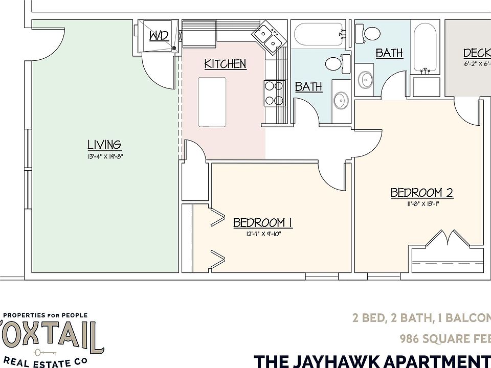 2-Bedroom, 2-Bathroom, Single Balcony Floor Plan.