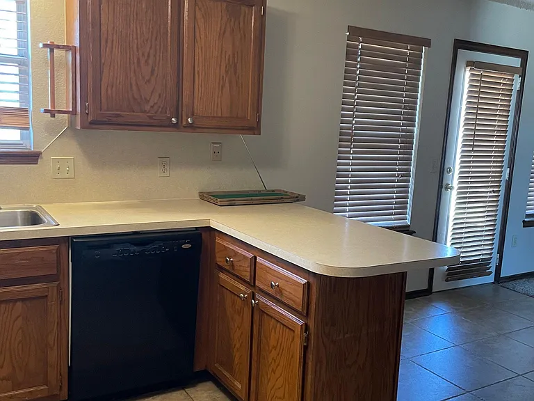 Kitchen counter, showing edge of sink, dishwasher and back door; kitchen table area