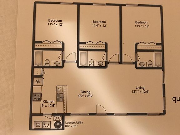 This floor map of the apartment - 3 bedrooms with 3 separate baths for each room - Living room and dining room - Kitchen and laundry room