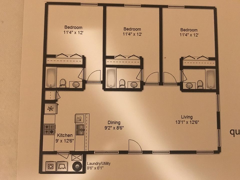 This floor map of the apartment - 3 bedrooms with 3 separate baths for each room - Living room and dining room - Kitchen and laundry room