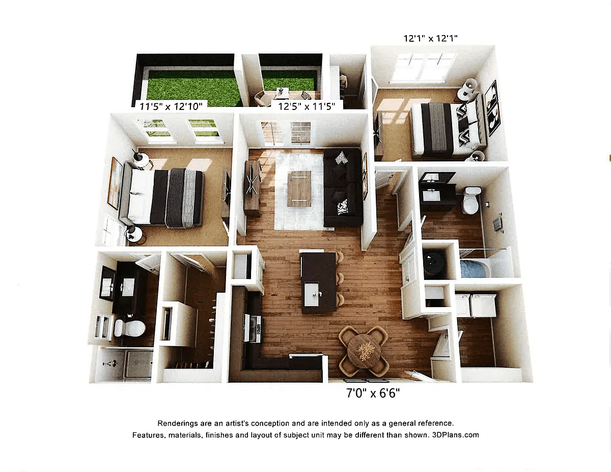 Floor plan Two Bed, Two Bath with Fenced Yard