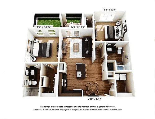 Floor plan Two Bed, Two Bath with Fenced Yard