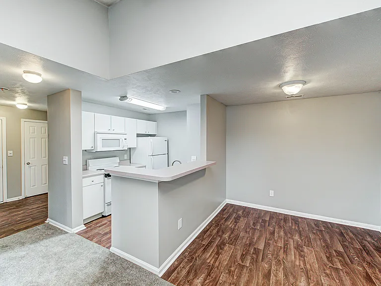 This partially open-concept layout offers a flexible flow between the kitchen, dining area, and living room. While not the most updated kitchen, the apartment is thoughtfully maintained and features a breakfast bar for added functionality.