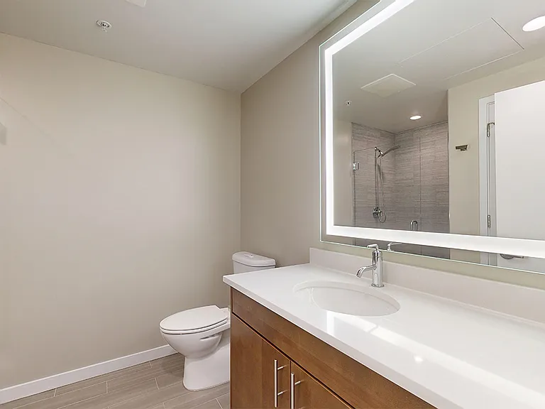 Apartment bathroom with glass-enclosed shower, wood-style flooring and an LED vanity mirror.