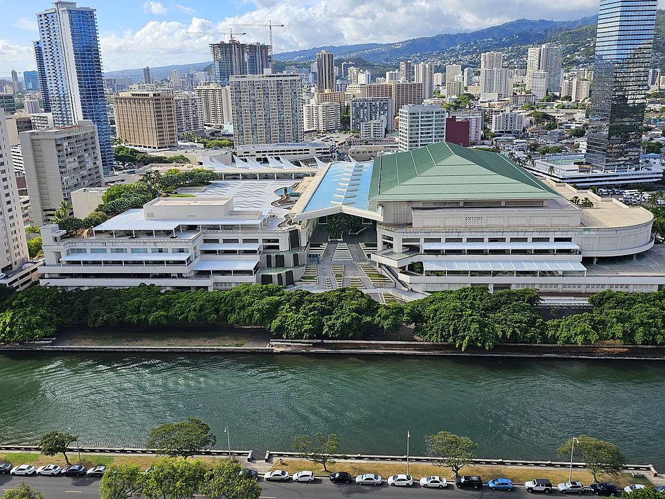 Beautiful view of the Convention Center, Ala Wai Canal, mountains and the city from the lanai.