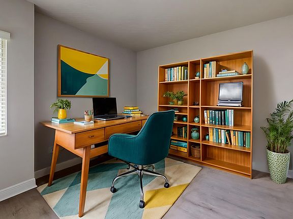 Bright and inviting home office with a wooden desk, teal chair, and stylish bookcase, featuring lush greenery and vibrant artwork.
