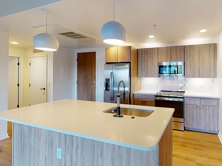 Apartment kitchen with stainless steel appliances, quartz countertops and wood-style flooring.