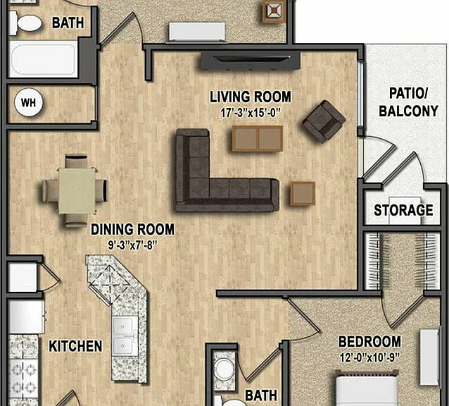 The Corwin floor plan is a two-bedroom, two-bathroom home featuring an open-concept layout, walk-in closets, in-unit laundry, and a private patio or balcony. The Corwin floor plan is a two-bedroom, two-bathroom home featuring an open-concept layout, walk-