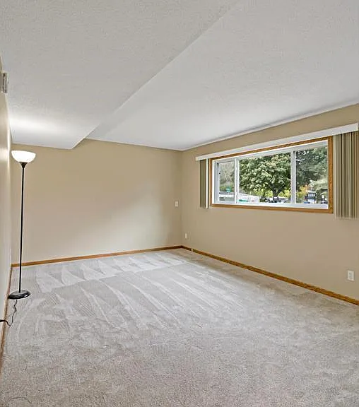Spacious living room with new carpet and lots of natural light