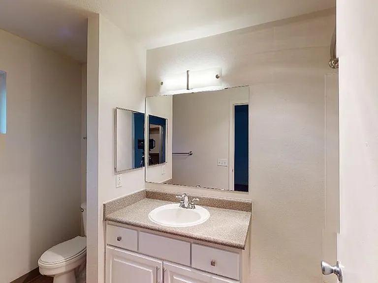 Apartment bathroom with wood-style flooring.