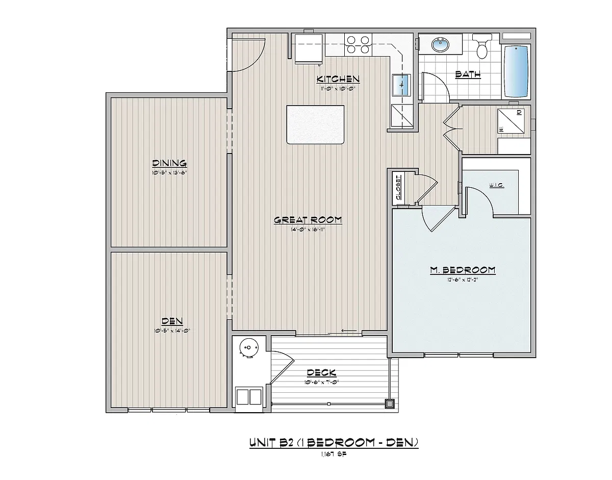 Floor plan 1 Bed x 1 Bath w Den and Dining Room