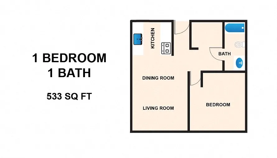 Floor plan 1x1 B - 60% AMI
