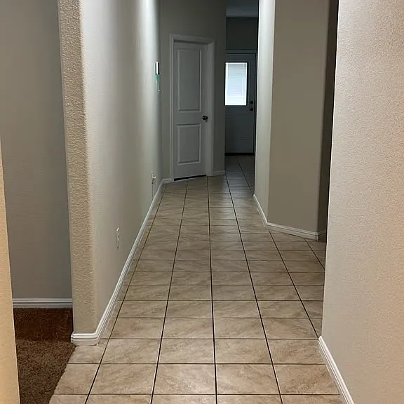 Hallway, office room to the left, master bedroom door at the end of the hallway, back porch door shown as well