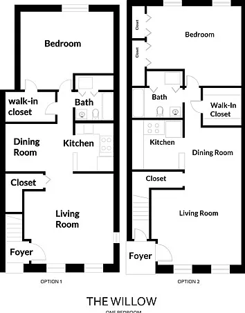 One Bedroom Layout Options 1 and 2. The Willow Floorplan Willow Shores Apartments One Bedroom Layout Options 1 and 2. The Willow Floorplan Willow Shores Apartments