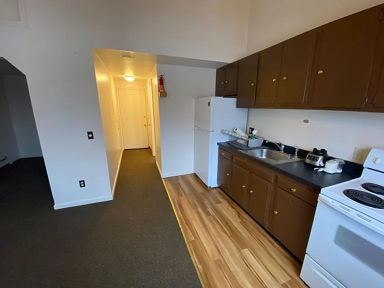 Kitchen, hallway to front door, closet at end of hallway