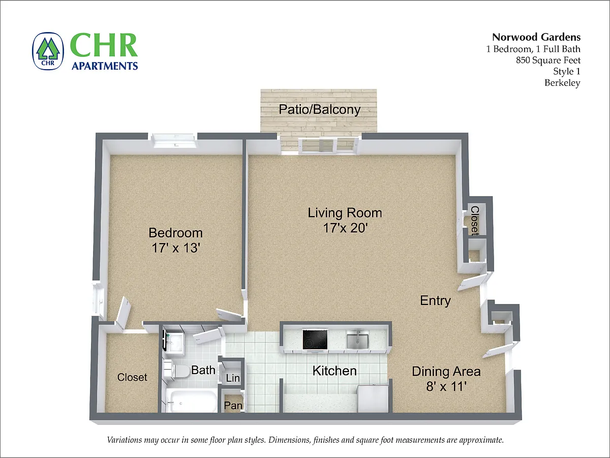 Floor plan 1 Bed/1 Bath with Dining Area