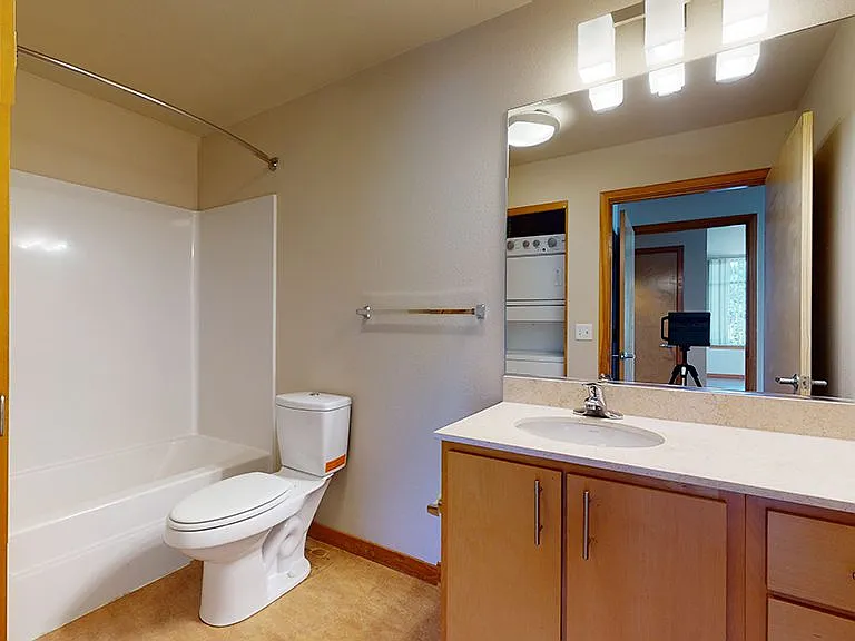 Apartment bathroom with wood-style flooring.