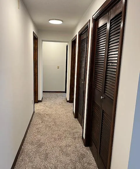 Hall from living room to bathrooms and bedrooms, 2 large closets in hall.
