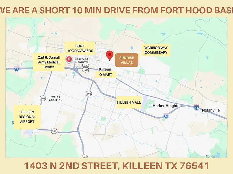 We are a short 10 minute drive from Fort Hood base