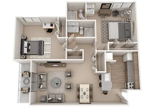 Floor plan Two Bedroom 2 Bath - 870 sqft