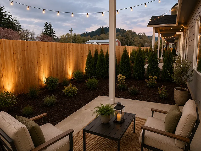 Covered back patio.
Images are rendered with AI to show potential layout and staging.