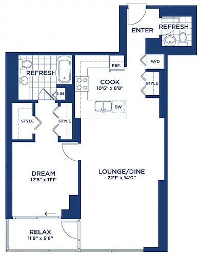 Floor plan Residence 5 & 8 (1BR/1.5BA)