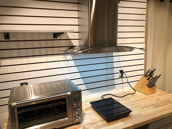 Kitchenette - Convection Oven, Pizza Oven, Toaster, Airfyer, Cooktop & Hoodvent on butcherblock