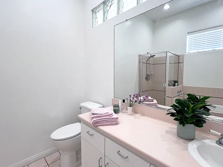 Reimagined en-suite bathroom featuring a wide soaking bathtub and sophisticated light blush tile finishes.