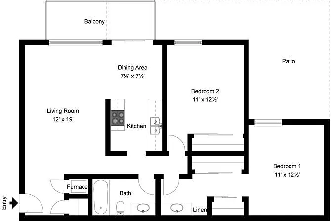 Floor plan 2 Bedroom 1.25 Bath
