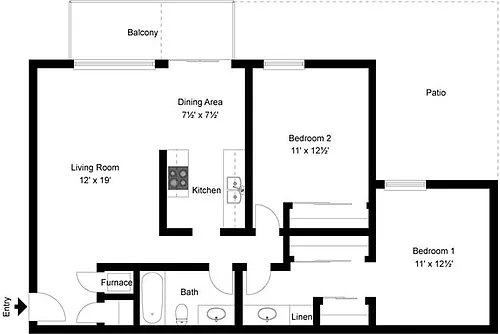 Floor plan 2 Bedroom 1.25 Bath
