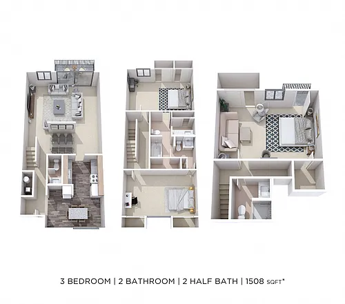 Floor plan Three Bedroom 3 Floor 2.5 Bath Townhome
